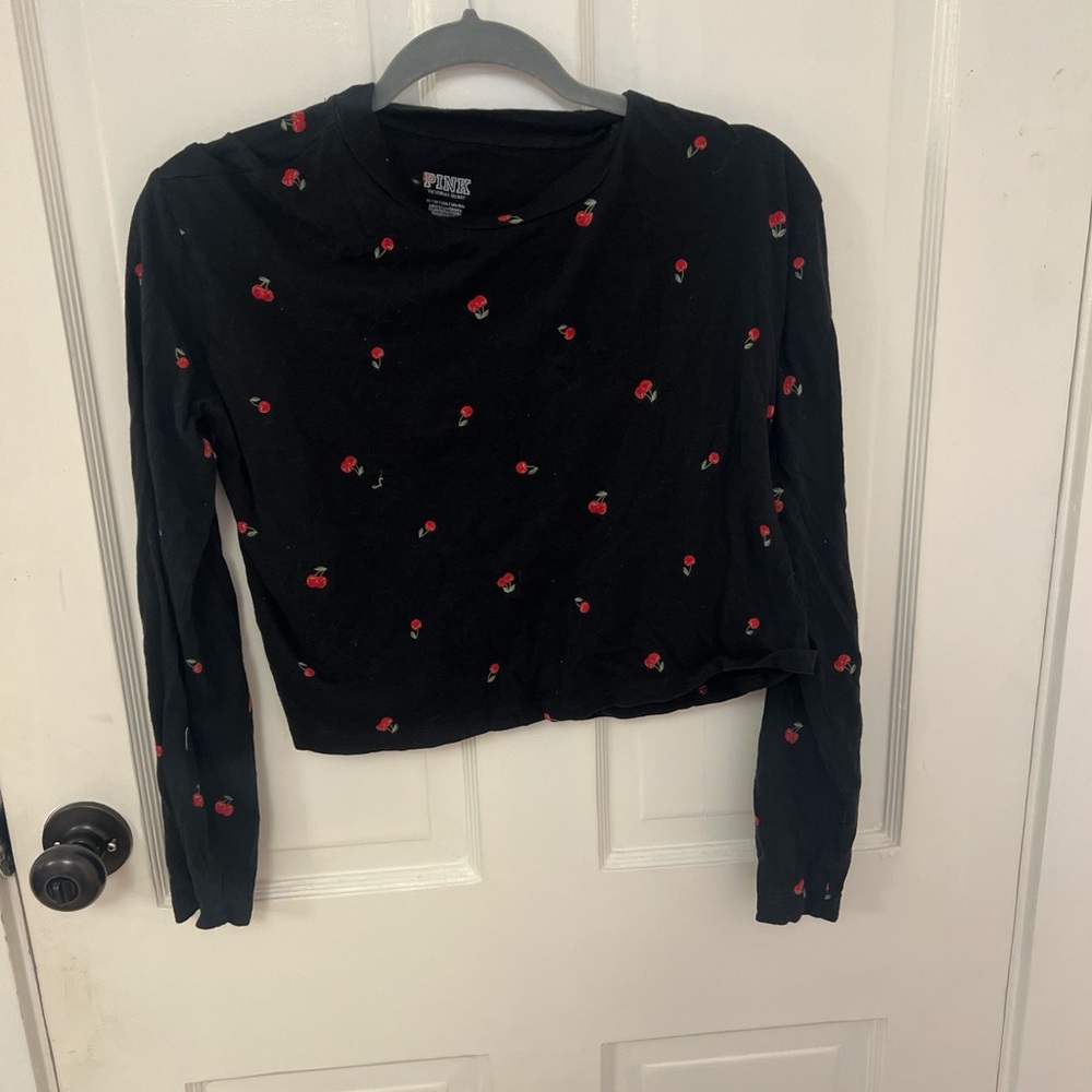 PINK Victoria's Secret Black Long Sleeve Top with Red Cherry Print